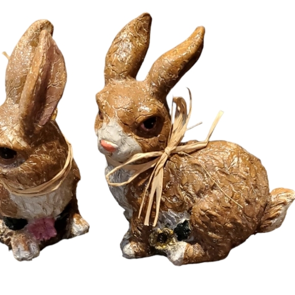 Vintage K's Collection Pair of Brown Easter/Spring Rabbits w/ Raffia Bows - Picture 2 of 4
